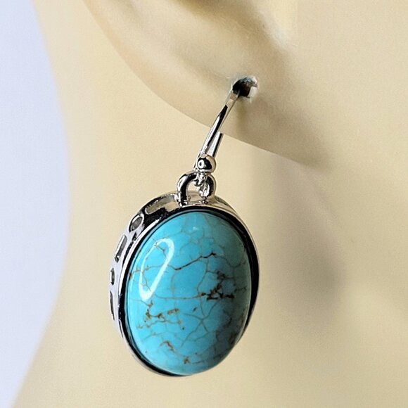 Oval Howlite Earrings Turquoise BLue Oval Blue - Picture 2 of 9